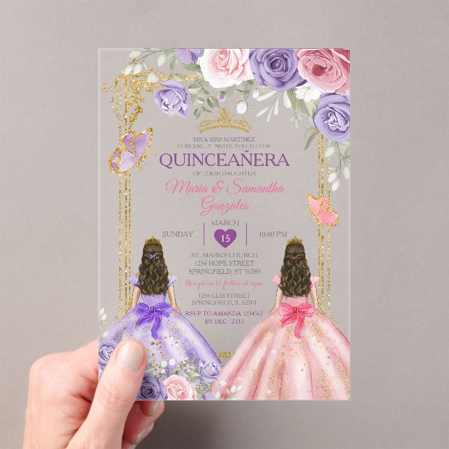 Purple Butterfly Pink Floral Twin Gold Quinceañera Acrylic Invitations (Insitu (Handheld))