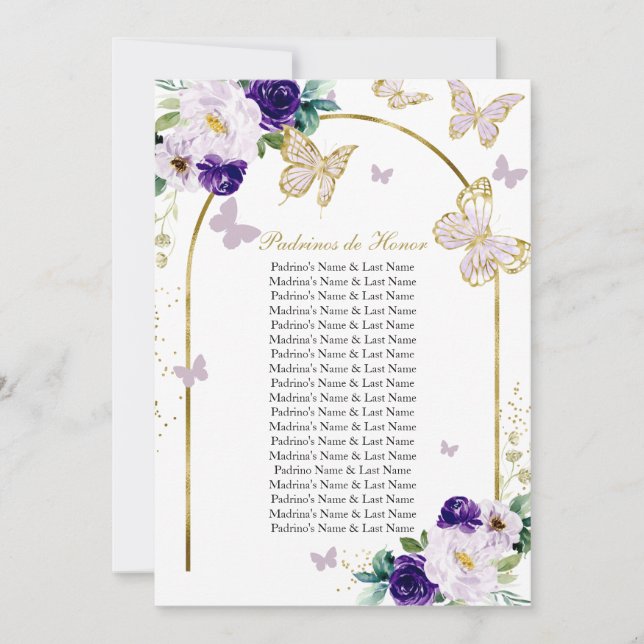 Purple Butterfly Quinceanera Padrinos de Honour  Invitation (Front)