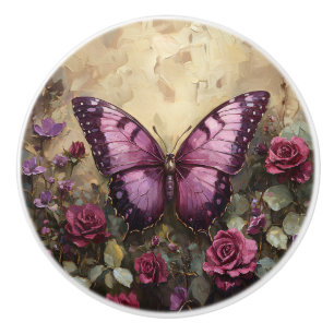 Purple Butterfly Rose Bush Painting Ceramic Knob