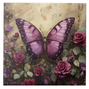 Purple Butterfly Rose Bush Painting Ceramic Tile