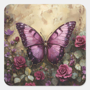 Purple Butterfly Rose Bush Painting Square Sticker