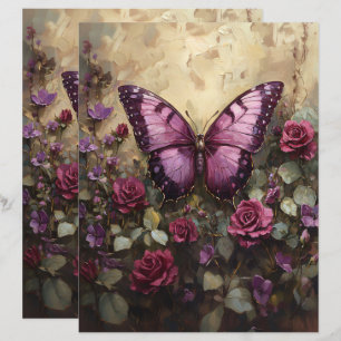 Purple Butterfly Rose Bush Scrapbook Paper