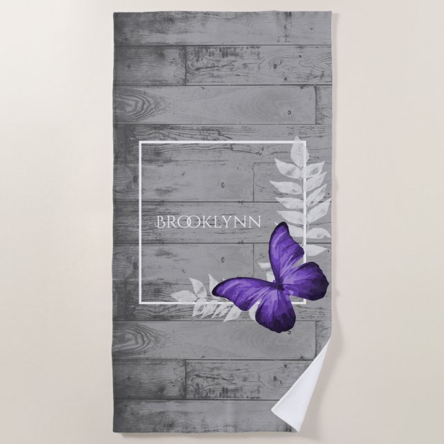 Purple Butterfly Rustic Beach Towel (Front)