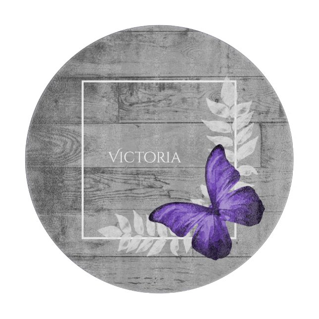 Purple Butterfly Rustic Personalised Cutting Board (Front)