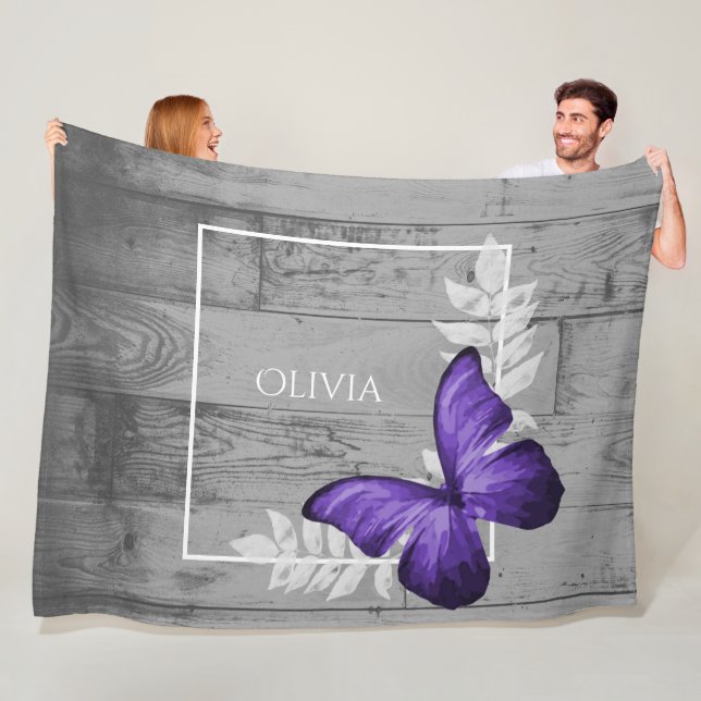 Purple Butterfly Rustic Personalised Fleece Blanket (In Situ)