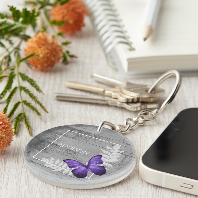 Purple Butterfly Rustic Personalised Keychain (Front Right)