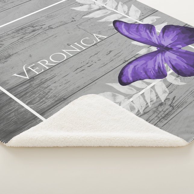 Purple Butterfly Rustic Personalised Sherpa Blanket (3/4)