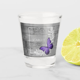 Purple Butterfly Rustic Personalized Shot Glass