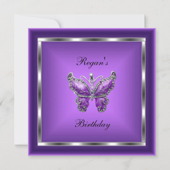 Purple Butterfly Silver Jewel Elegant Birthday Invitation (Front)