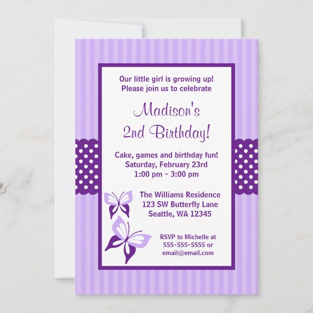 Purple Butterfly Striped Dots Birthday Party Invitation (Front)