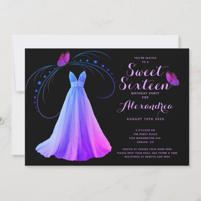 Purple Butterfly Sweet Sixteen 16 Birthday Invitation (Front)