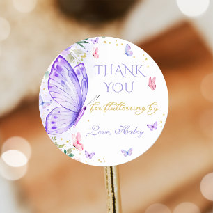 Purple Butterfly Thank You Fluttering By Birthday Classic Round Sticker