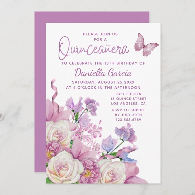 Purple Butterfly Watercolor Floral Quinceañera Invitation (Front/Back)