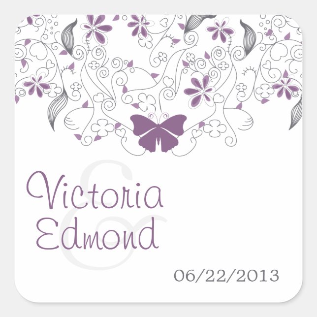 Purple Butterfly Whimsy Wedding Stickers (Front)