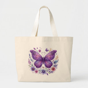 Purple Butterfly with Flowers Large Tote Bag
