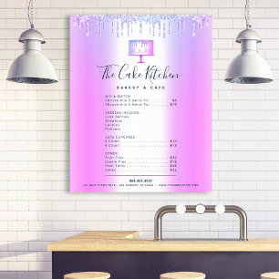 Purple Cake Bakery Glitter Drips Menu Price List Poster
