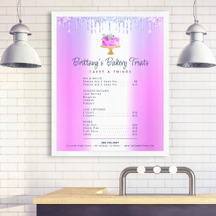 Purple Cake Bakery Glitter Drips Menu Price List Poster