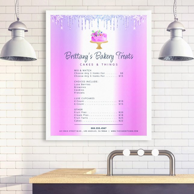 Purple Cake Bakery Glitter Drips Menu Price List Poster (Creator Uploaded)