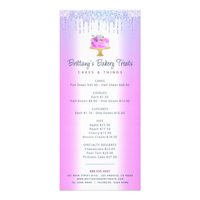 Purple Cake Bakery Glitter Drips Pastry Chef Menu (Front)