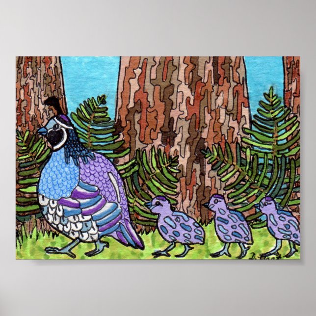Purple California Quail with Babies Mini Folk Art Poster (Front)