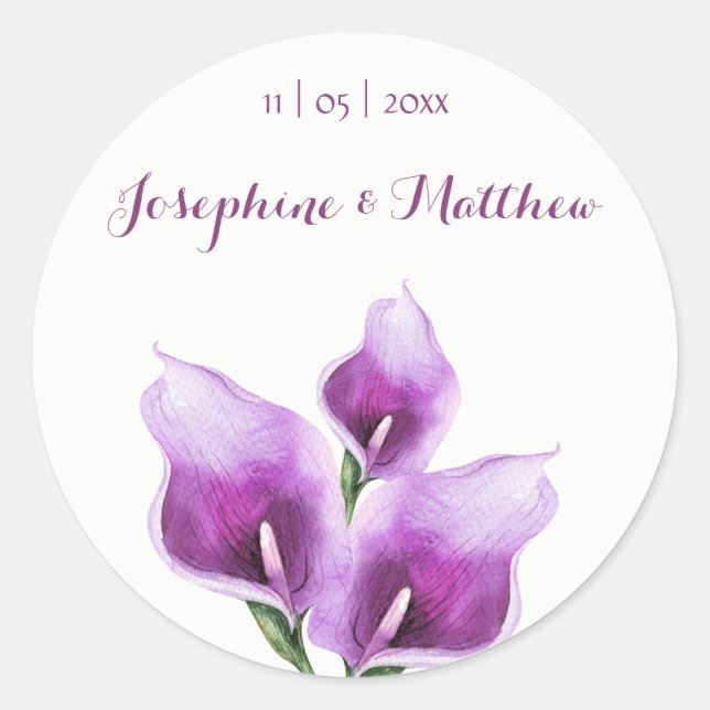 Purple Calla Lillies Watercolor Wedding Stickers (Front)