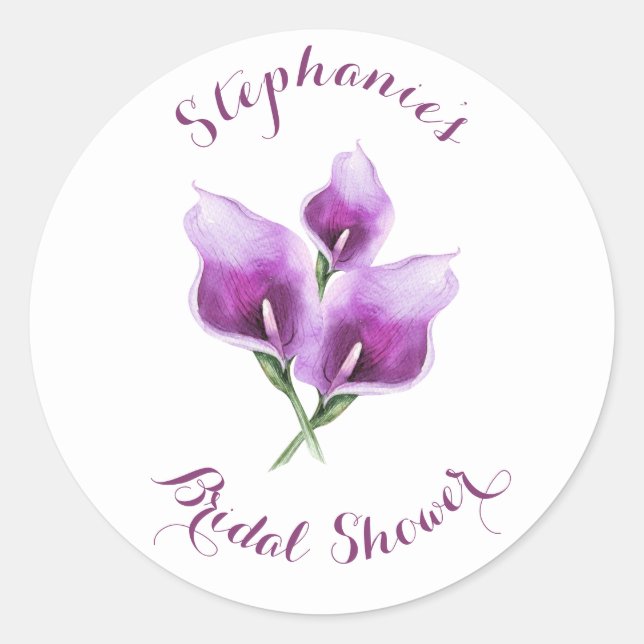 Purple Calla Lily Floral Watercolor Bridal Shower Classic Round Sticker (Front)