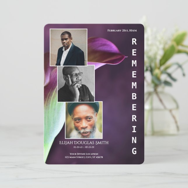 Purple Calla Lily Funeral Program with 3 Photos (Standing Front)