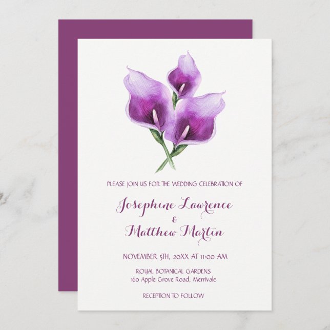Purple Calla Lily Monogram Wedding Invitations (Front/Back)