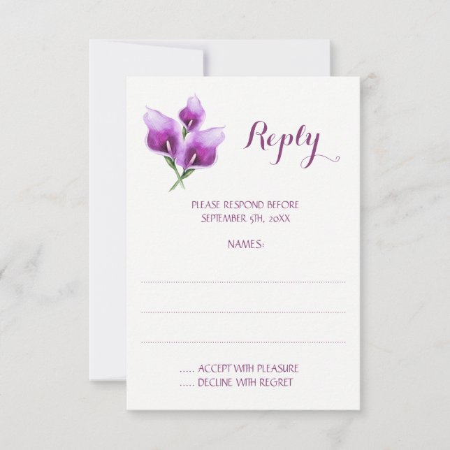 Purple Calla Lily Monogram Wedding Reply Cards (Front)