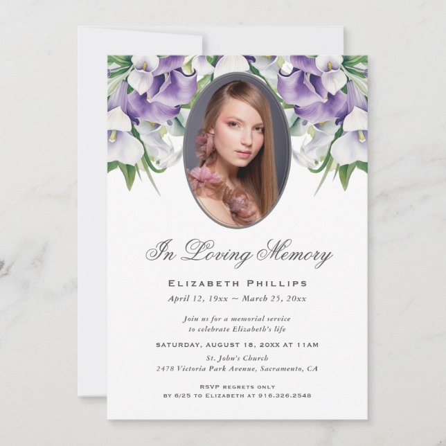 Purple Calla Lily Photo Funeral Memorial Service Invitation (Front)