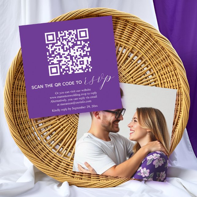 Purple calligraphy QR code RSVP photo wedding Enclosure Card (Creator Uploaded)