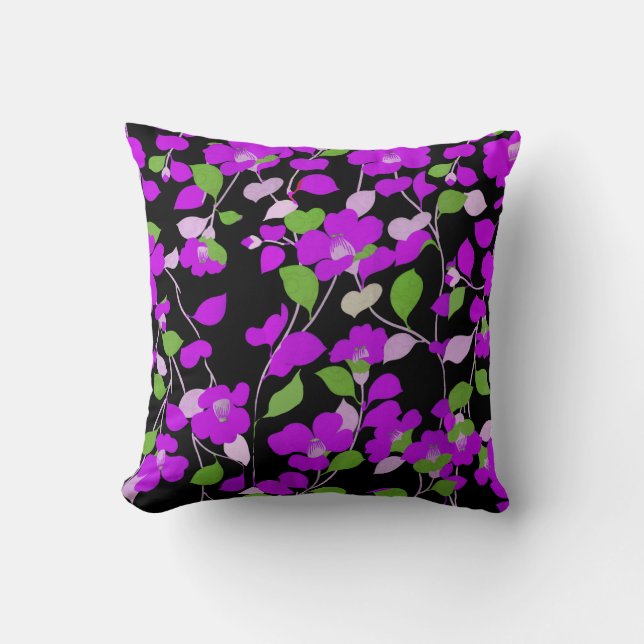 PURPLE CAMELLIAS,WHITE GREEN LEAVES BLACK Floral Cushion (Front)