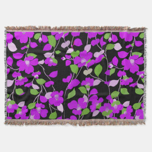 PURPLE CAMELLIAS,WHITE GREEN LEAVES BLACK Floral Throw Blanket