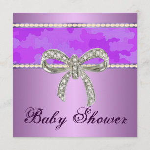 Purple Camo Diamond Bow Baby Shower Invitation