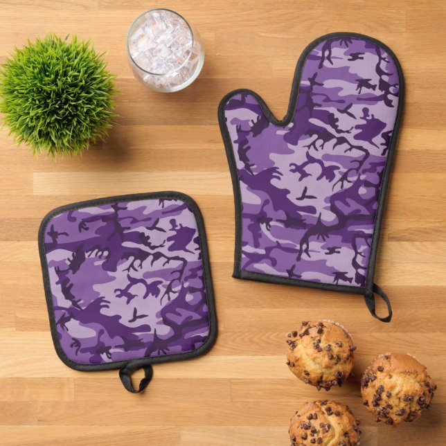 Purple Camouflage, Military, Army Oven Mitt & Pot Holder Set (Top Down)