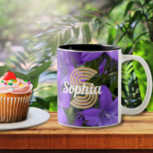 Purple Campanula Flowers Monogrammed Floral Two-Tone Coffee Mug