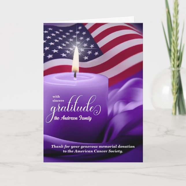 Purple Candle and Flag Memorial Thank You Card (Front)