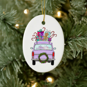Purple Car with Christmas Gifts Ceramic Ornament