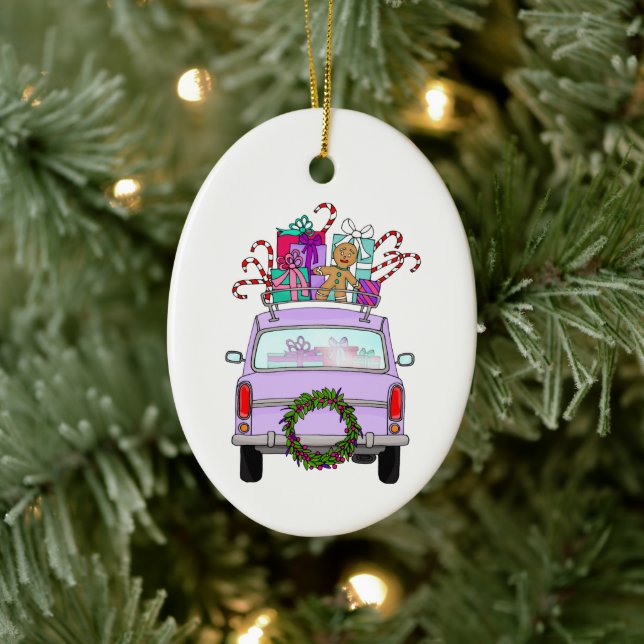 Purple Car with Christmas Gifts Ceramic Ornament (Tree)