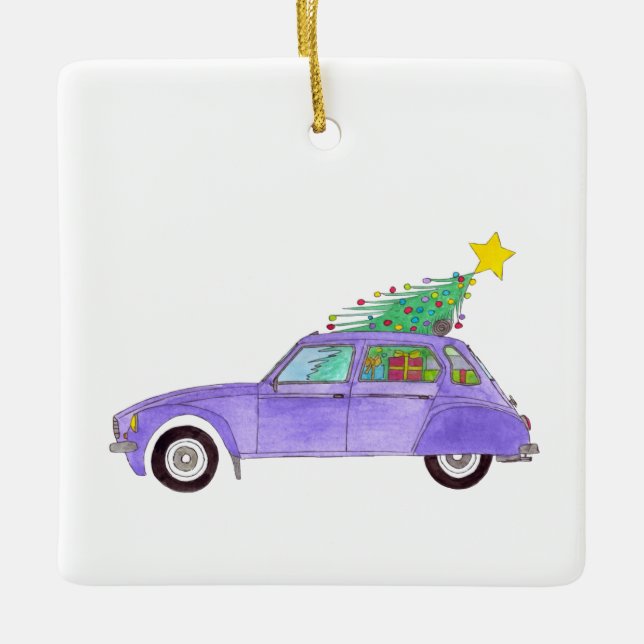 Purple Car with Christmas Gifts Ceramic Ornament (Front)