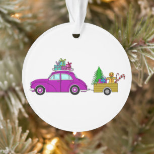 Purple Car with Christmas Gifts Ornament