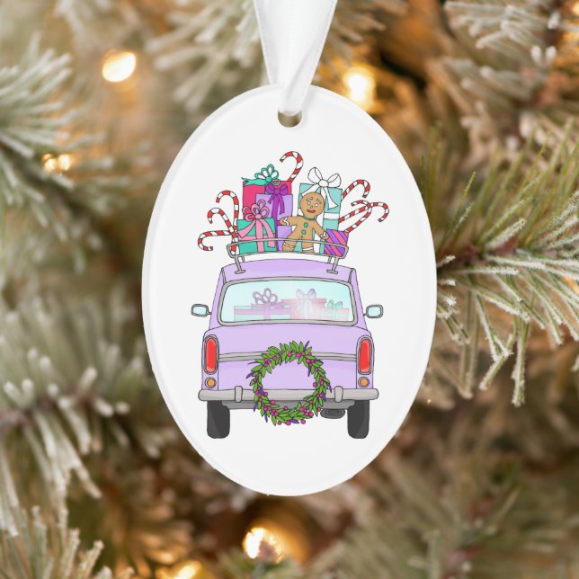 Purple Car with Christmas Gifts Ornament (Tree)