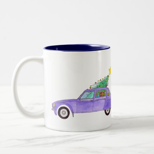 Purple Car with Christmas Gifts Two-Tone Coffee Mug (Left)