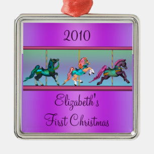 Purple Carousel Ponies Babys First Christmas Metal Ornament