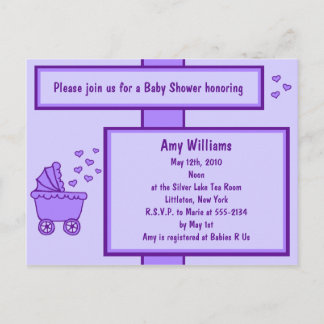 Purple Carriage & Hearts Shower Invitation Postcard