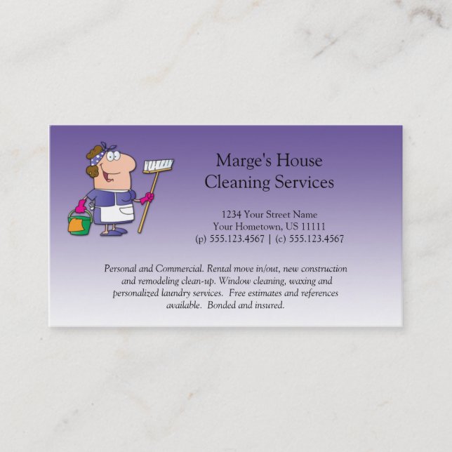 Purple Cartoon Maid House Cleaning Customer Loyalt Business Card (Front)