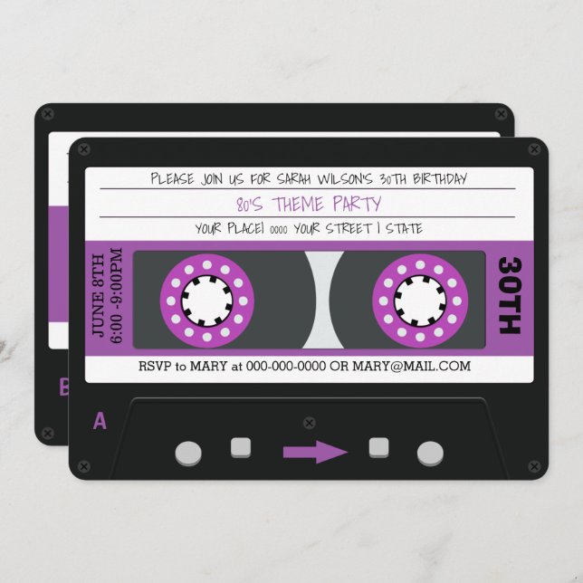 Purple Cassette Tape Retro 80s Birthday Party Invitation (Front/Back)