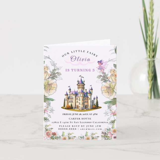 Purple Castle Fairytale Birthday Theme with Fairy Invitation (Front)