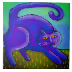 Purple Cat Abstract Digital Painting Ceramic Tile