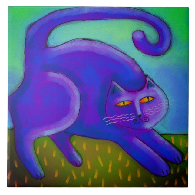 Purple Cat Abstract Digital Painting Ceramic Tile (Front)